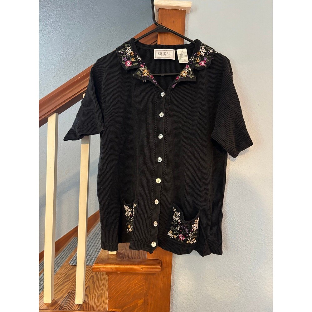 Erika 1xl cottagecore romantic embroidered floral ribbed black button up shirt